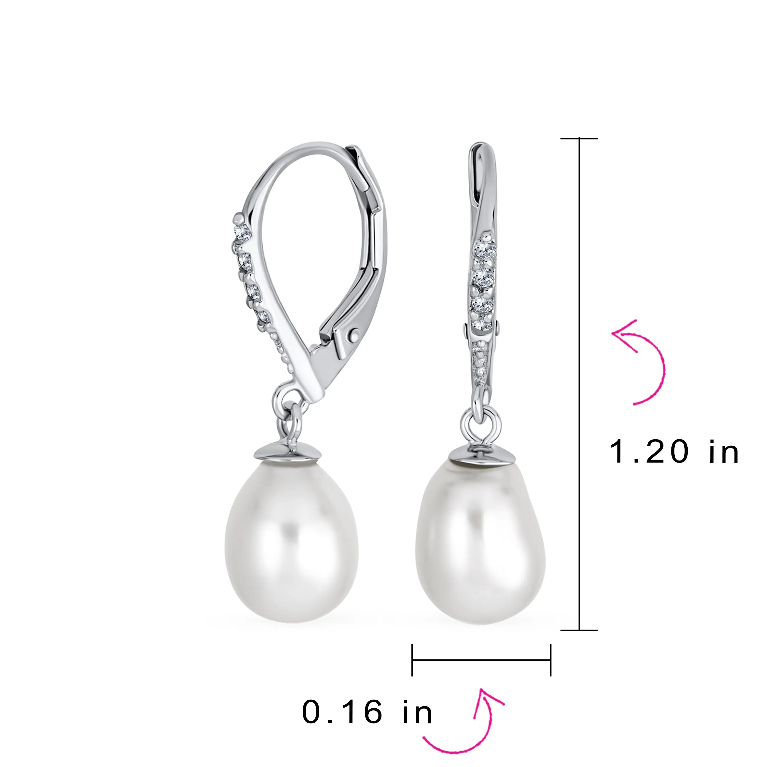 Simple Bridal CZ Pearl Teardrop Dangle Earrings Sterling Silver Leverback