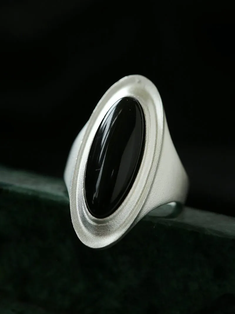 Sterling Silver Matte Black onyx and White Chalcedony Oval Ring