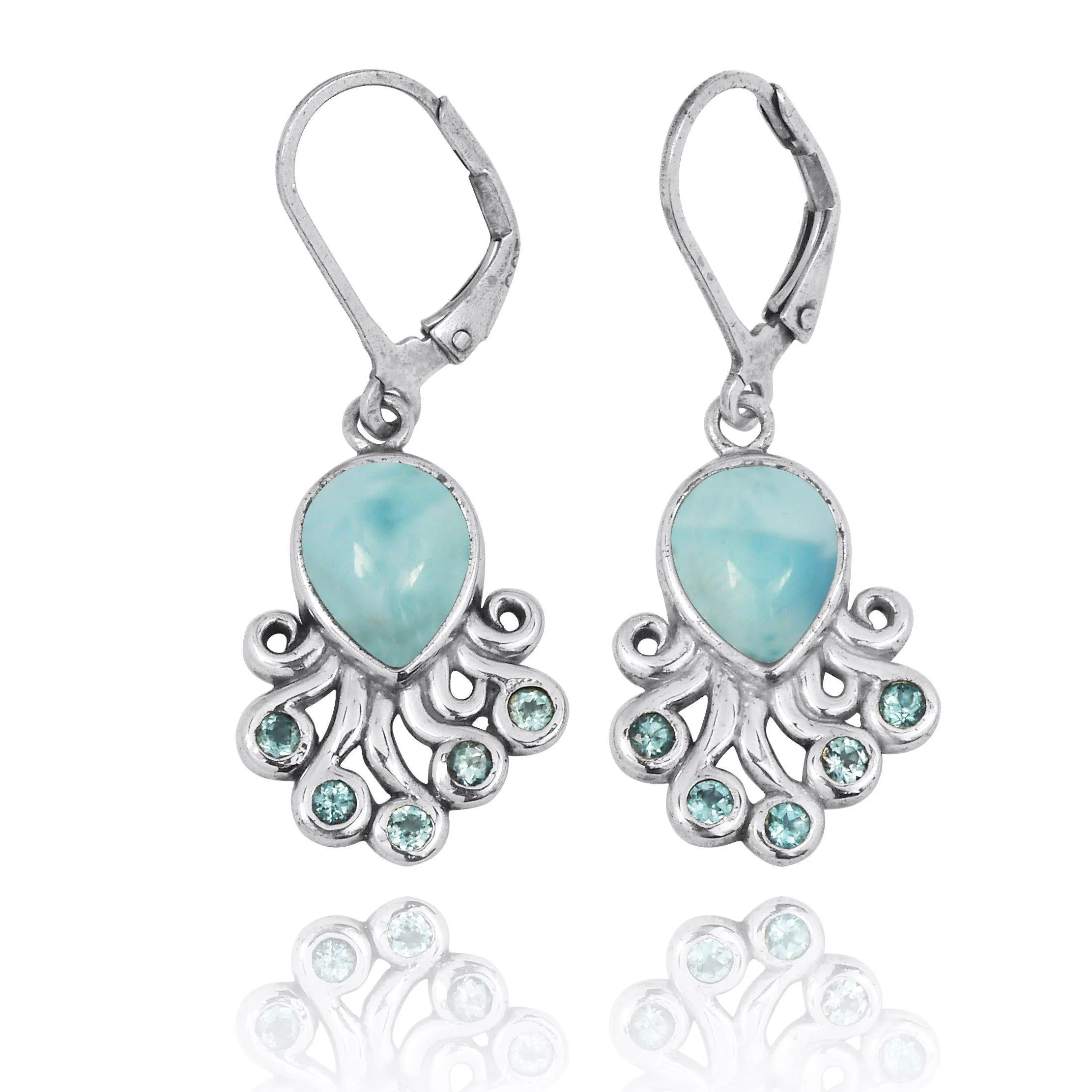 Sterling Silver Octopus with Larimar and Swiss Blue Topaz Lever Back Earrings