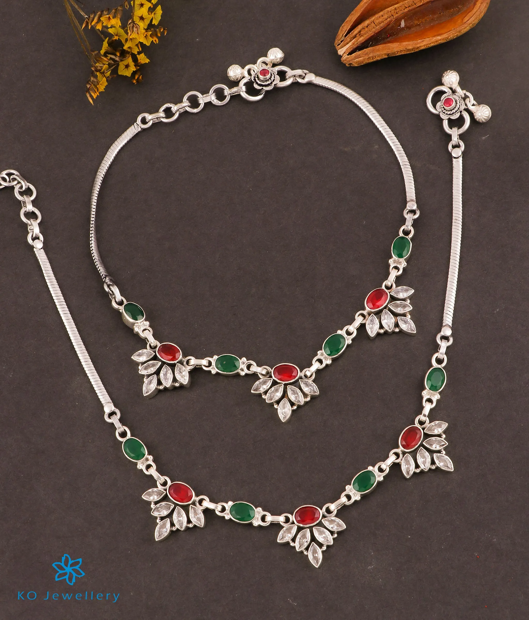 The Kamna Silver Gemstone Anklets (Red/Green)