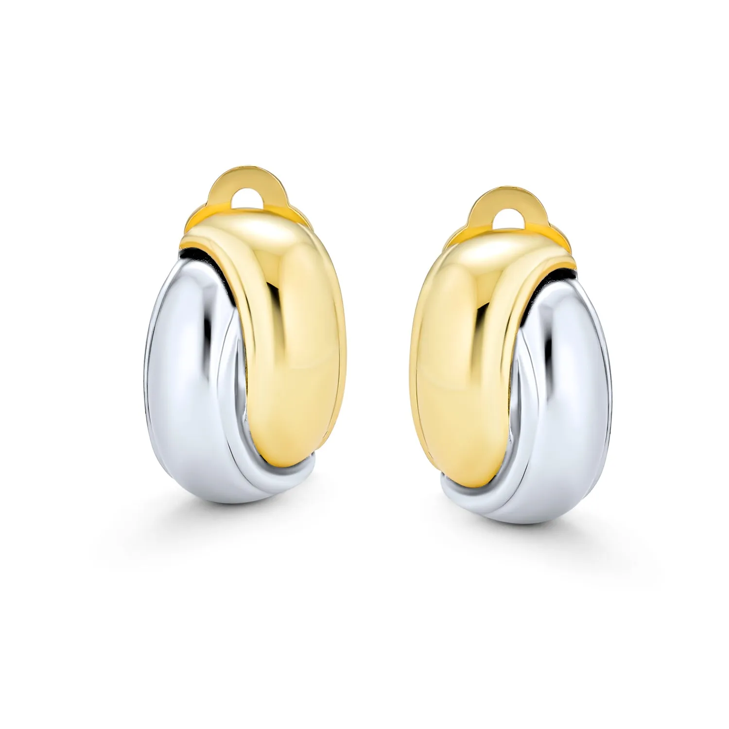 Two Tone Interlocking Circle Clip-On Earrings Silver & 14K Gold Plated Brass