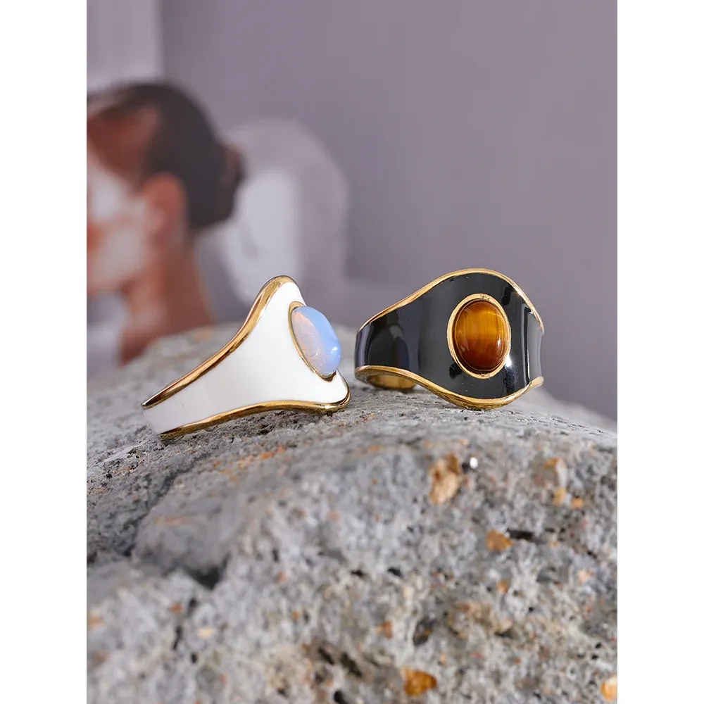 VAIGE Luxe Textured Black and White Enamel Wide Ring with Natural Stone Accents