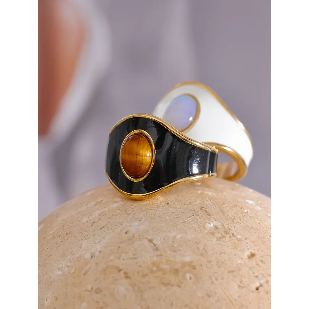 VAIGE Luxe Textured Black and White Enamel Wide Ring with Natural Stone Accents