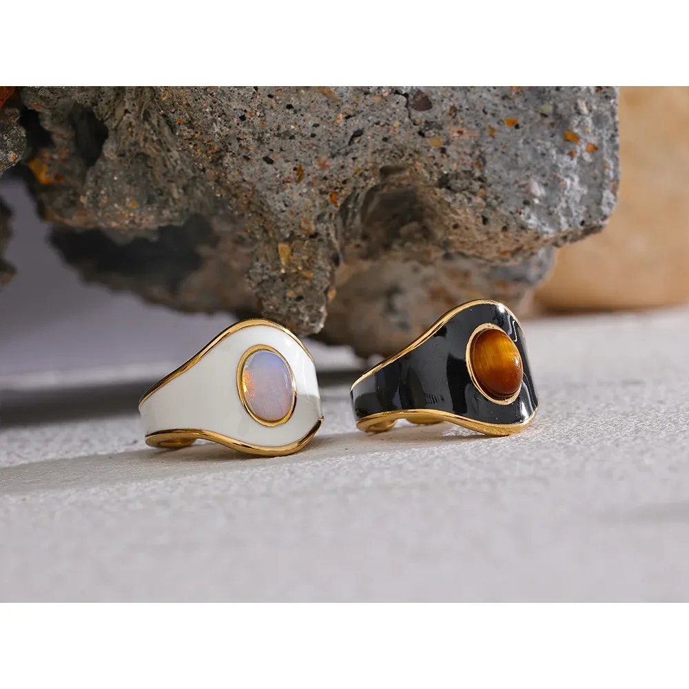 VAIGE Luxe Textured Black and White Enamel Wide Ring with Natural Stone Accents