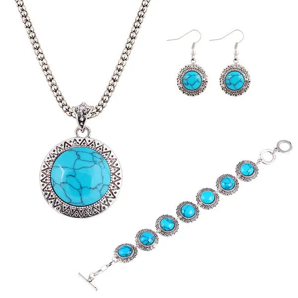 Vintage Anniversary Gift Fashion jewelry sets Vintage Silver Plated Chain Necklace Bracelets Turquoise drop earrings jewelry