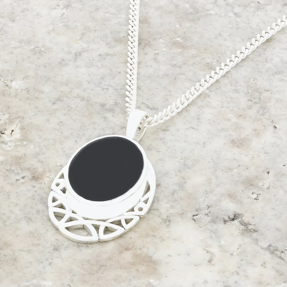 Whitby Jet Sterling Silver Oval Celtic Pendant and Chain