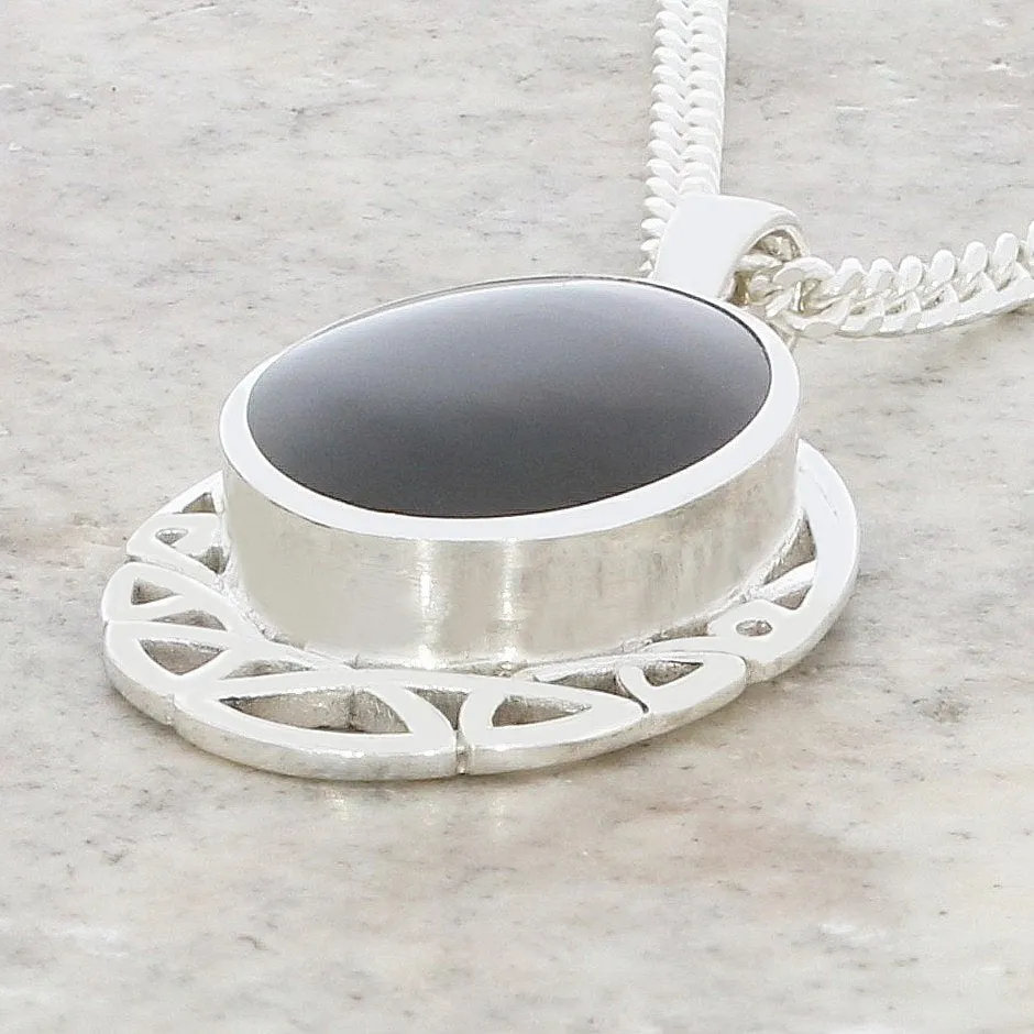 Whitby Jet Sterling Silver Oval Celtic Pendant and Chain