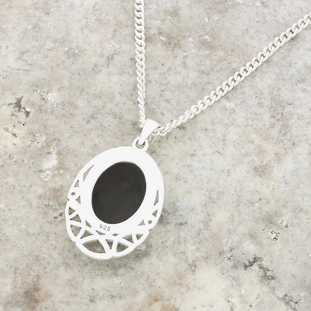 Whitby Jet Sterling Silver Oval Celtic Pendant and Chain