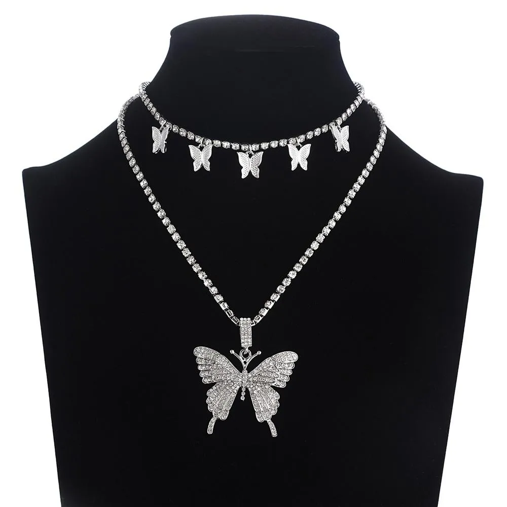 Women Sparkly Rhinestone Butterfly Chain Choker Necklaces