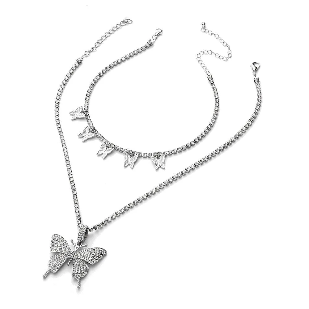 Women Sparkly Rhinestone Butterfly Chain Choker Necklaces